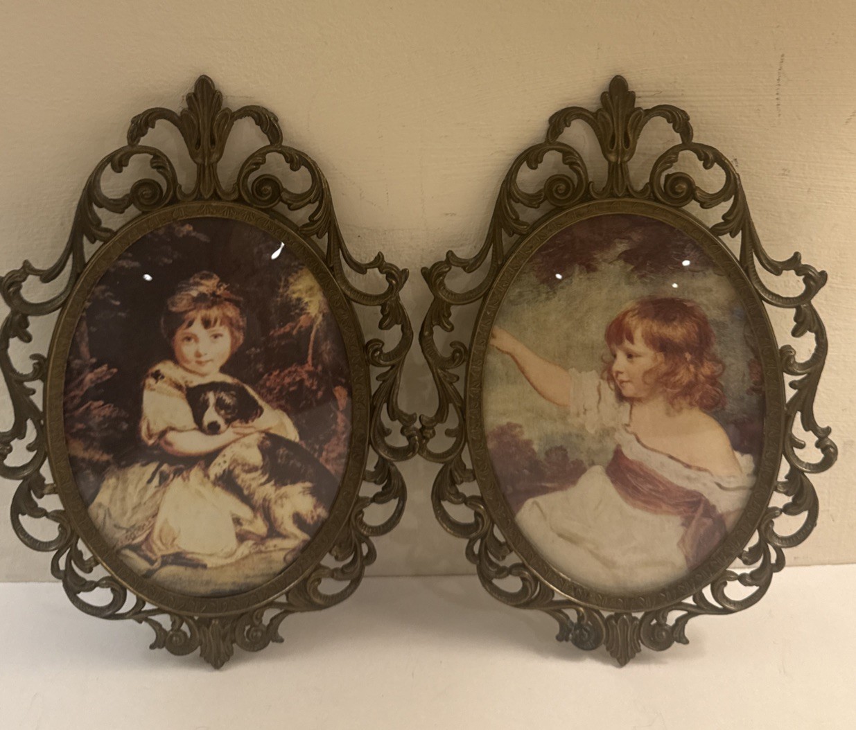 VTG Ornate Italian Brass Metal Frames Oval Of Young Girls