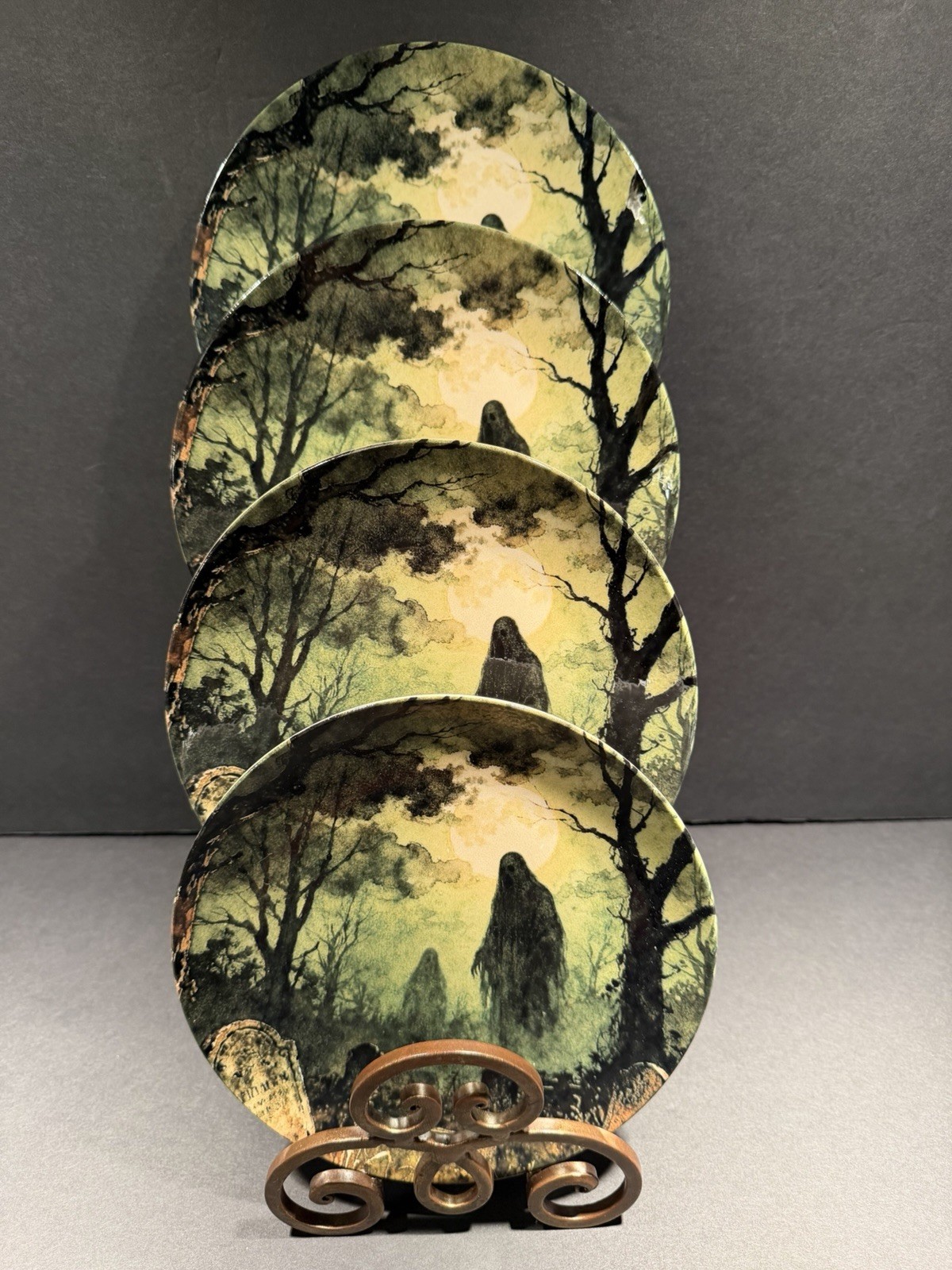 ZRIKE Haunted Graveyard Cemetery Scary Halloween Salad Side Plates Set of 4 New