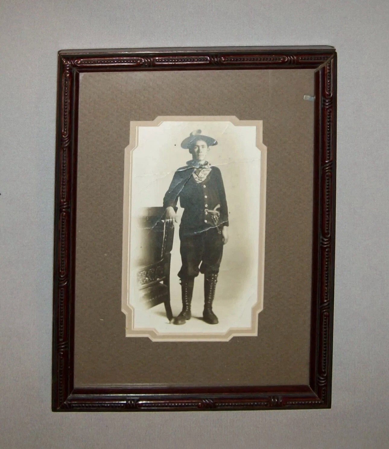 Old Antique Vtg Ca 1900s Mounted Photo of Cowboy Wearing Pistol Hat and Boots