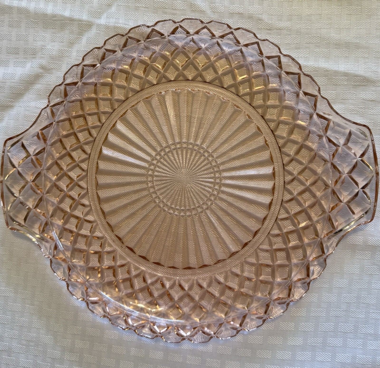 Vintage Anchor Hocking Pink Depression Glass Waffle Handled Serving Platter