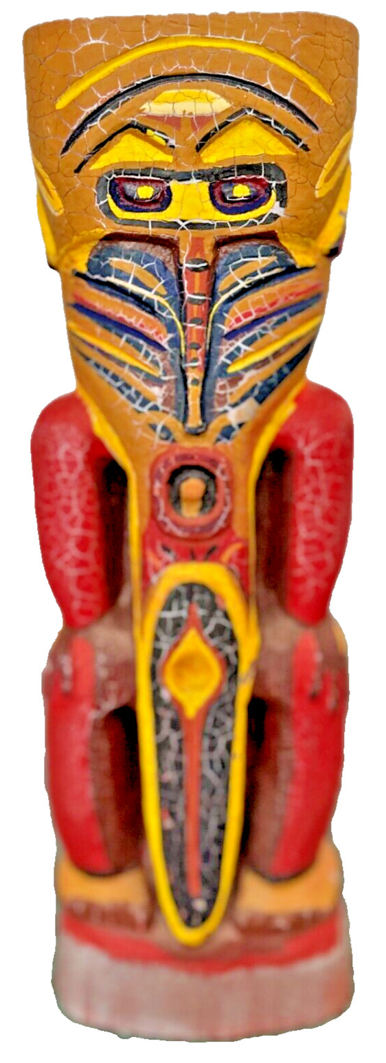 HandCarved Northwest Native Aztec Inka Wood Carving CracklePaint Bird Chief 10\