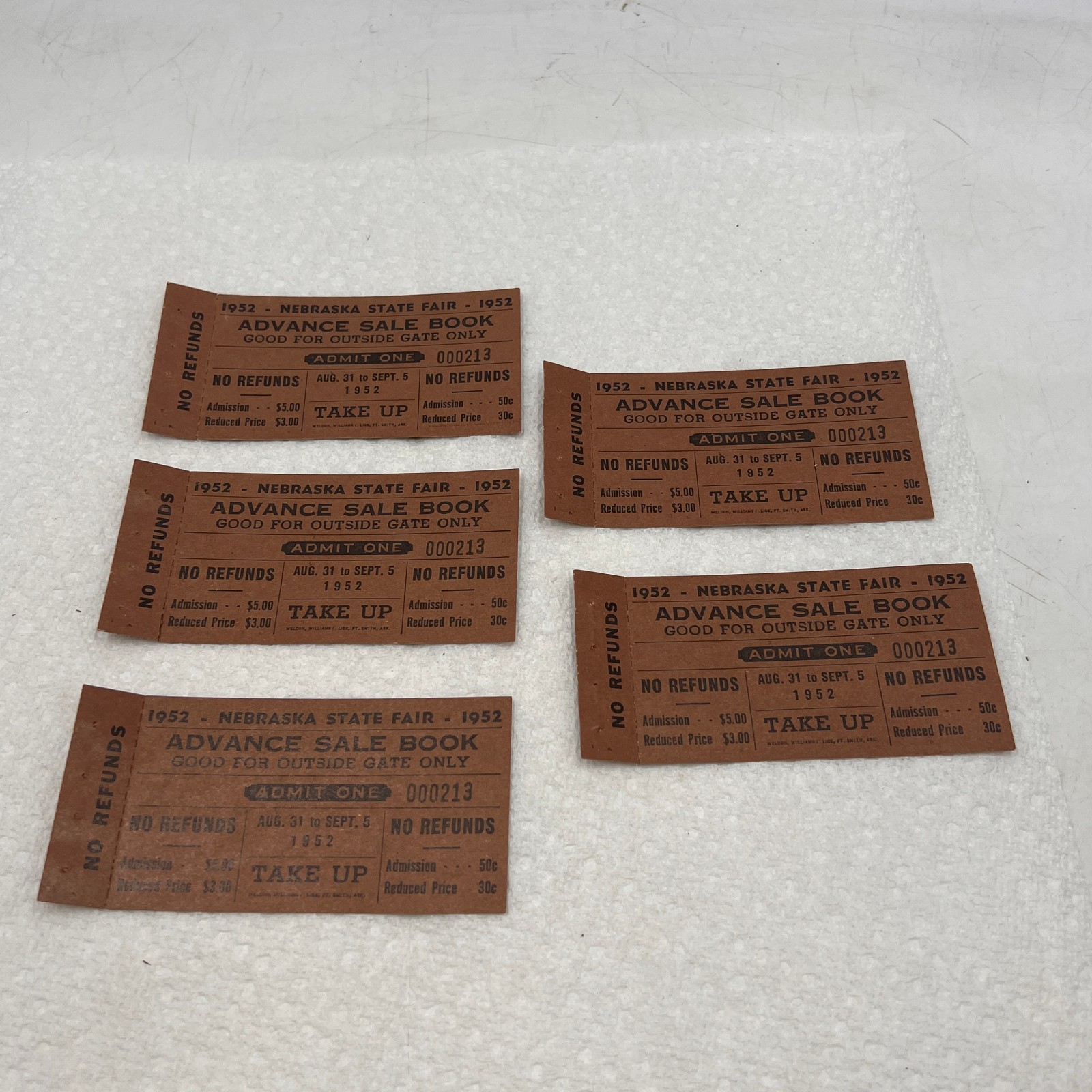 FIVE 1952 Nebraska State Fair Advance Sale Book Tickets / Pass