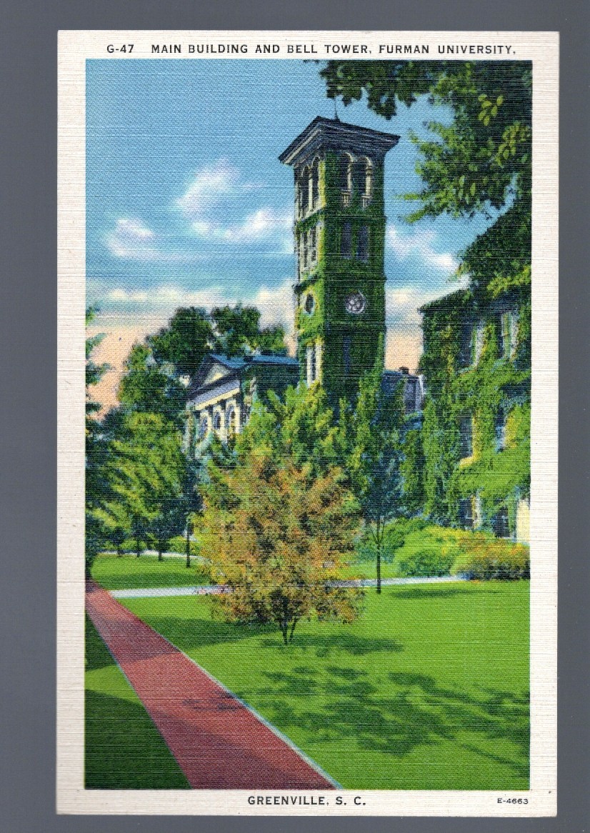 c1940 Furman University Main Building Bell Tower Greenville SC Postcard G-47