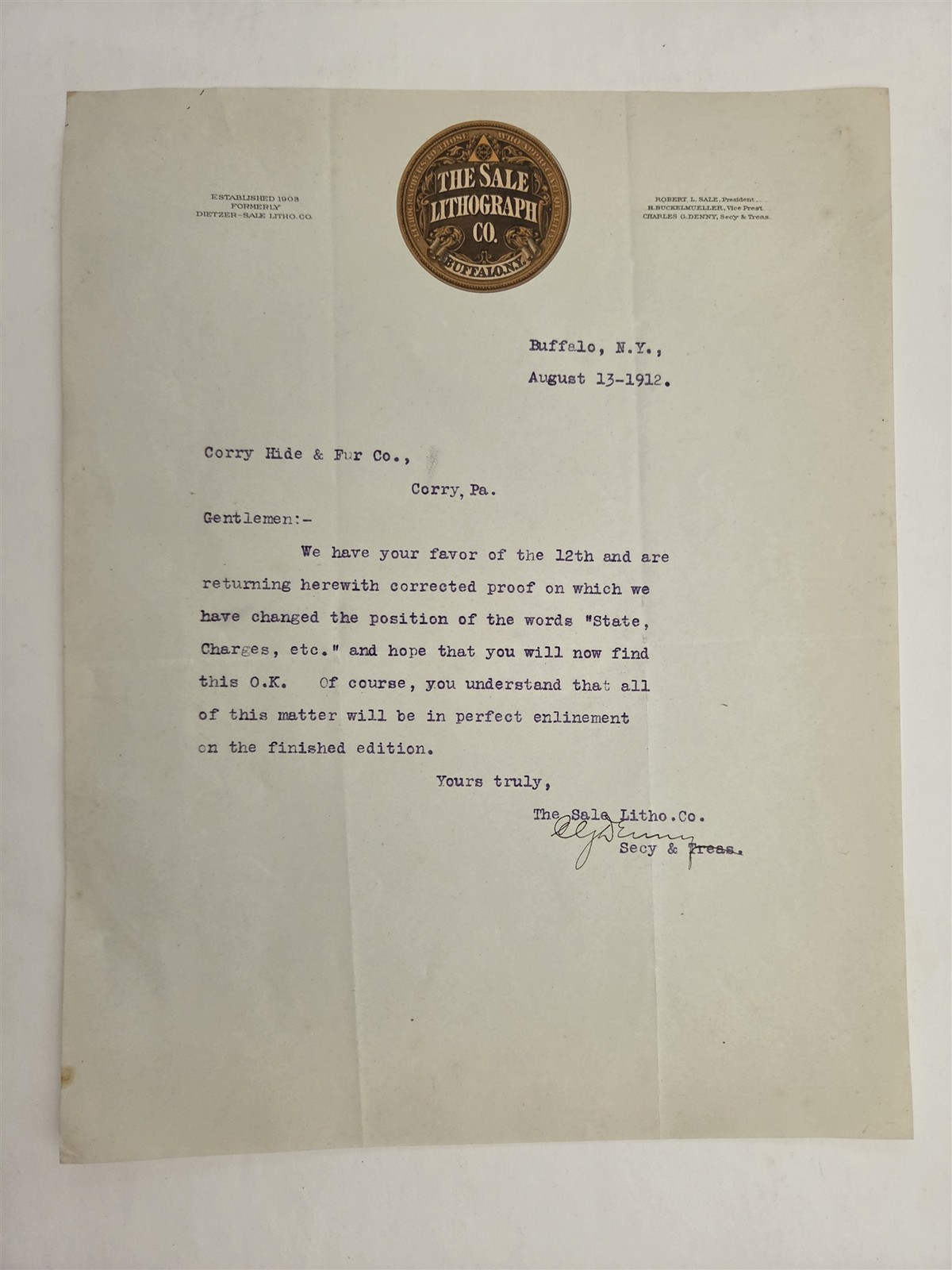 1912 antique SALE LITHOGRAPH CO buffalo ny PRINTING PROOF corry pa LETTERHEAD