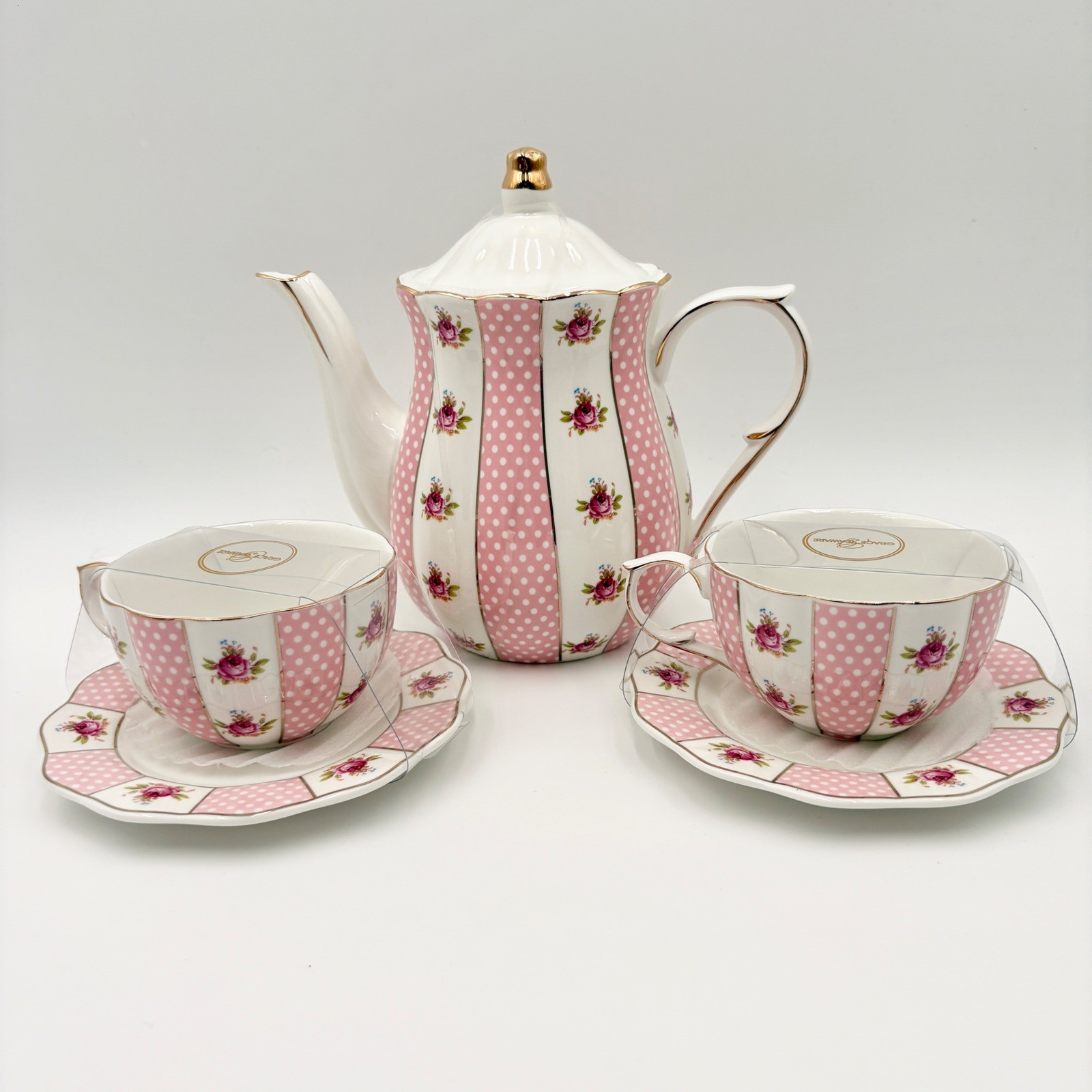 Grace Teaware Pink Polka Dot Rose Floral Porcelain Teapot and 2 Cup Saucer Set