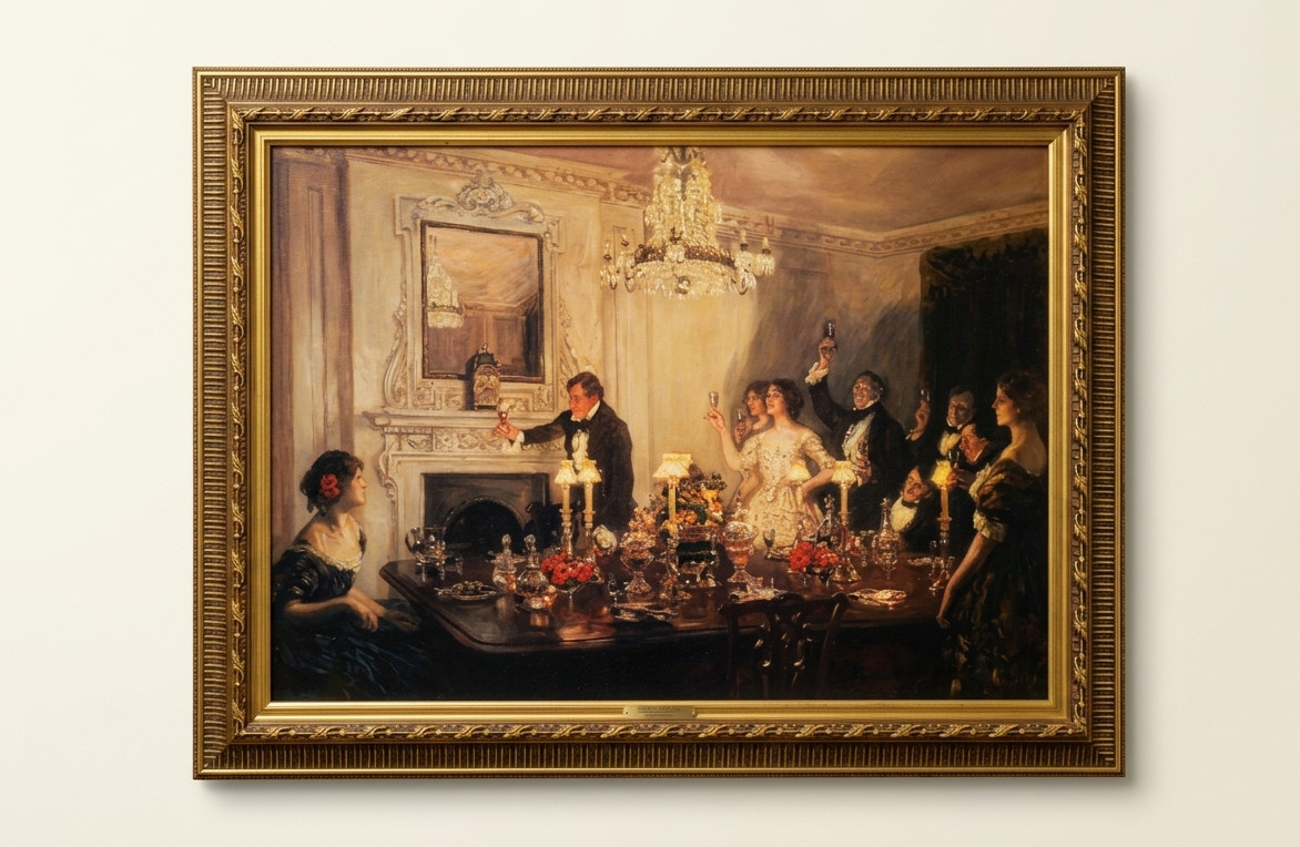 Large Framed Interior Gathering Scene Artwork with Gold-Tone Frame