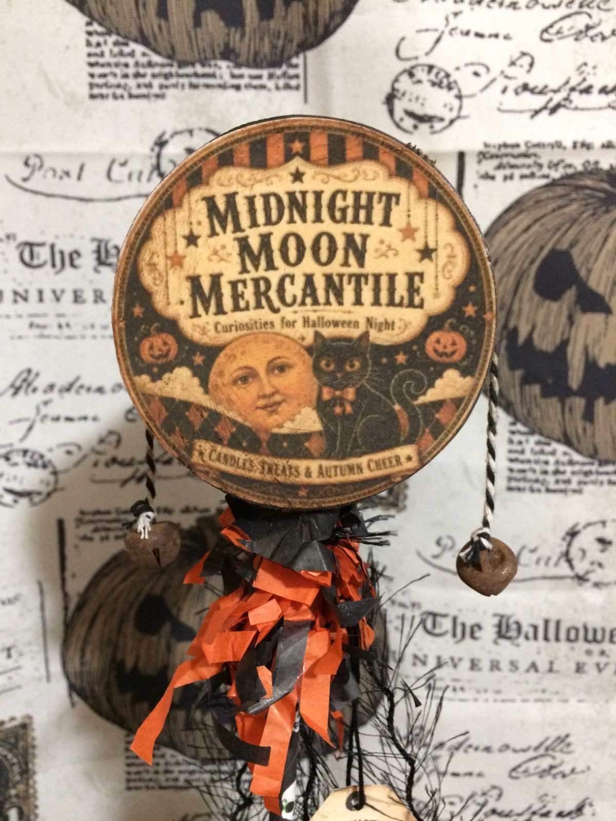Vintage Style Halloween NOISEMAKER RATTLE - Midnight Moon - Owl & Lantern
