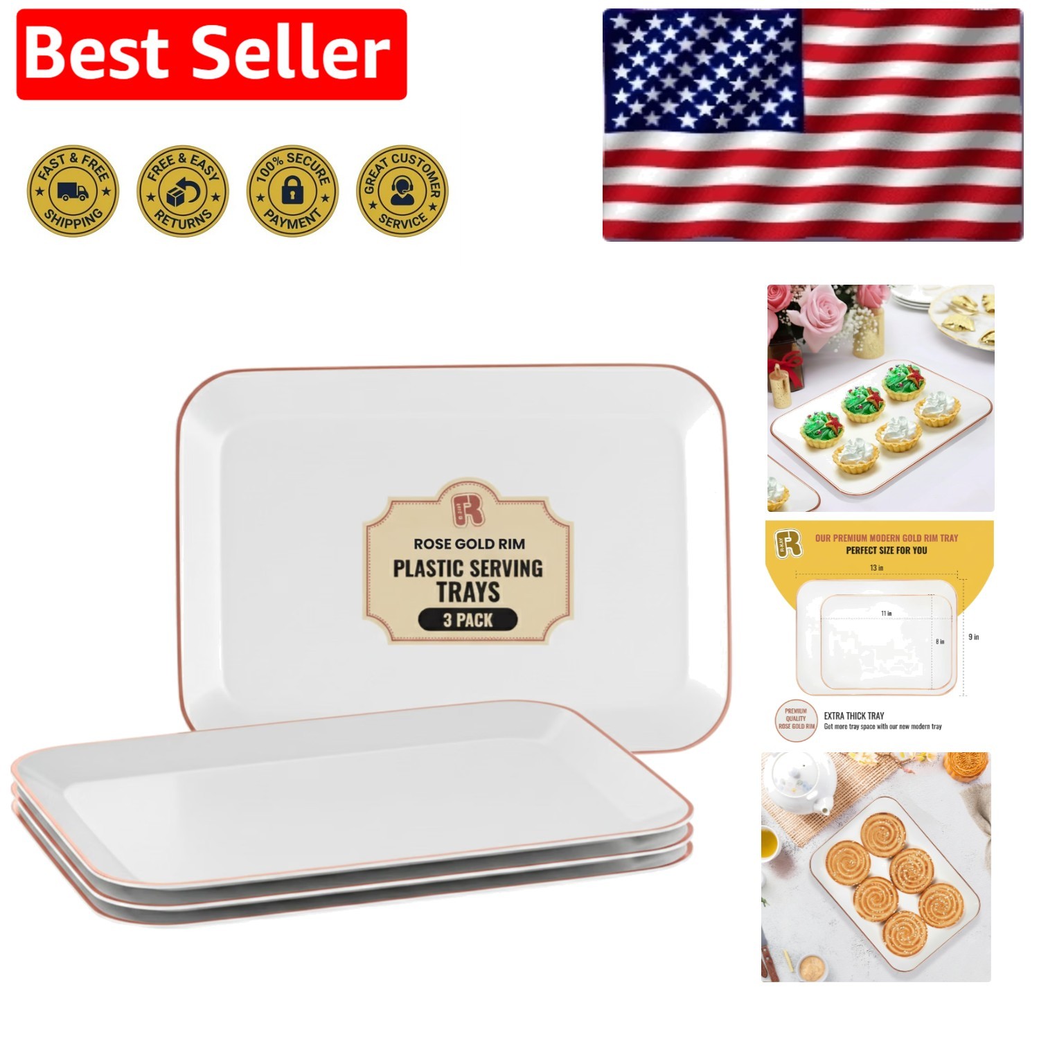 Durable Rose Gold Plastic Dessert Trays - Set of 3 - Perfect for Entertaining