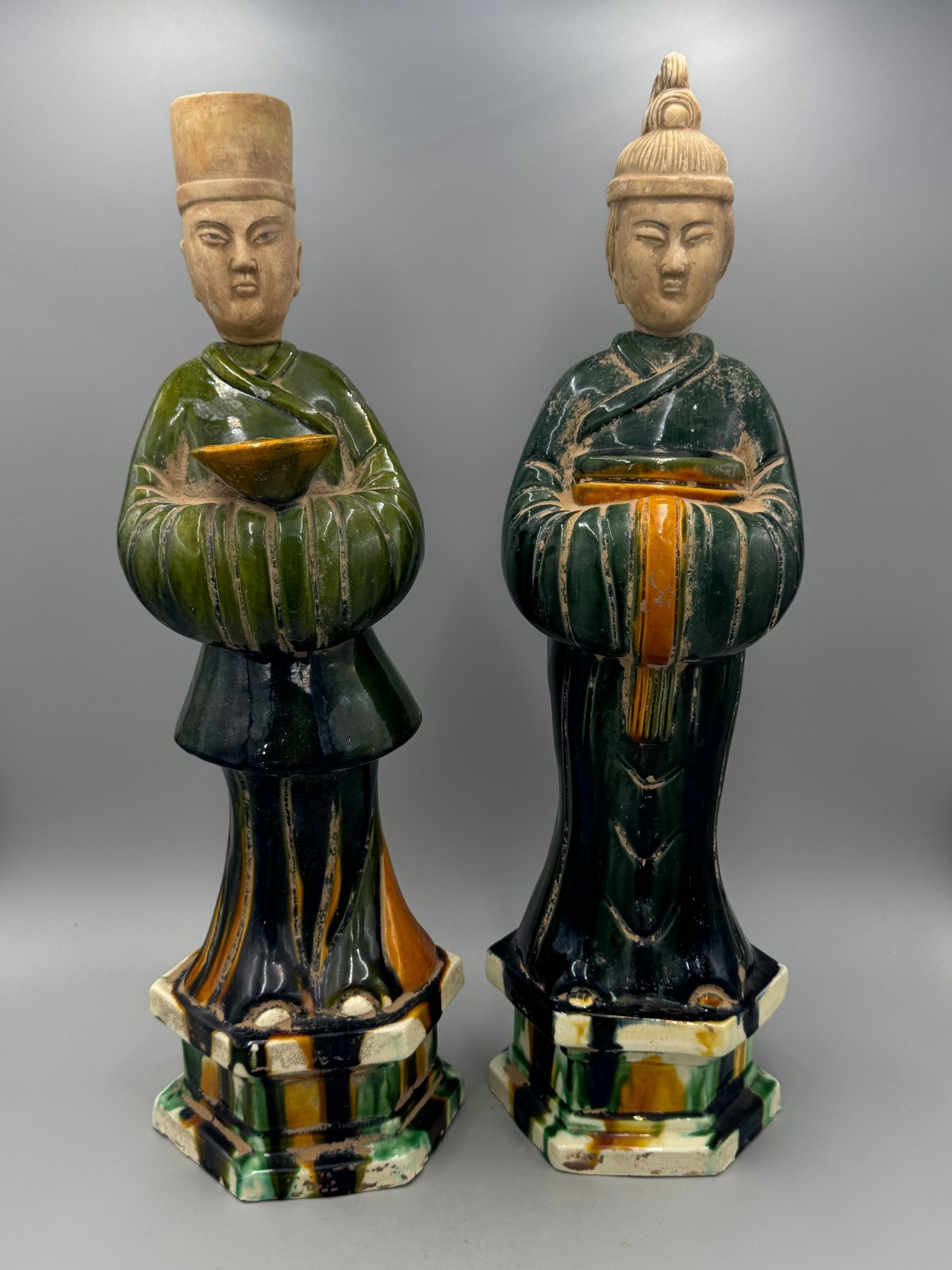 Pair Large Vintage Chinese Sancai‑Style Pottery Attendant Figurines 19 3/4\'\'