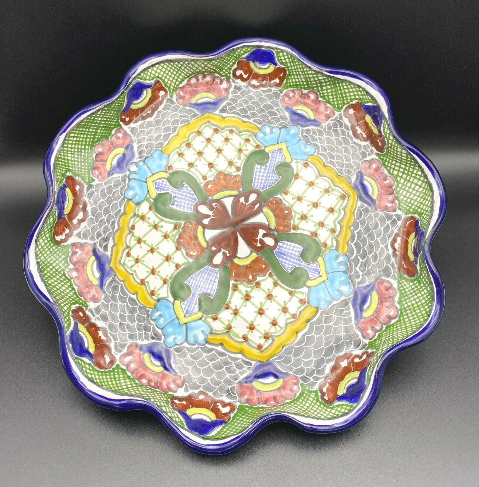 Televera Mexican Art Pottery Hecho A Mana Ruffled Signed Plate Dish Wall Hanging