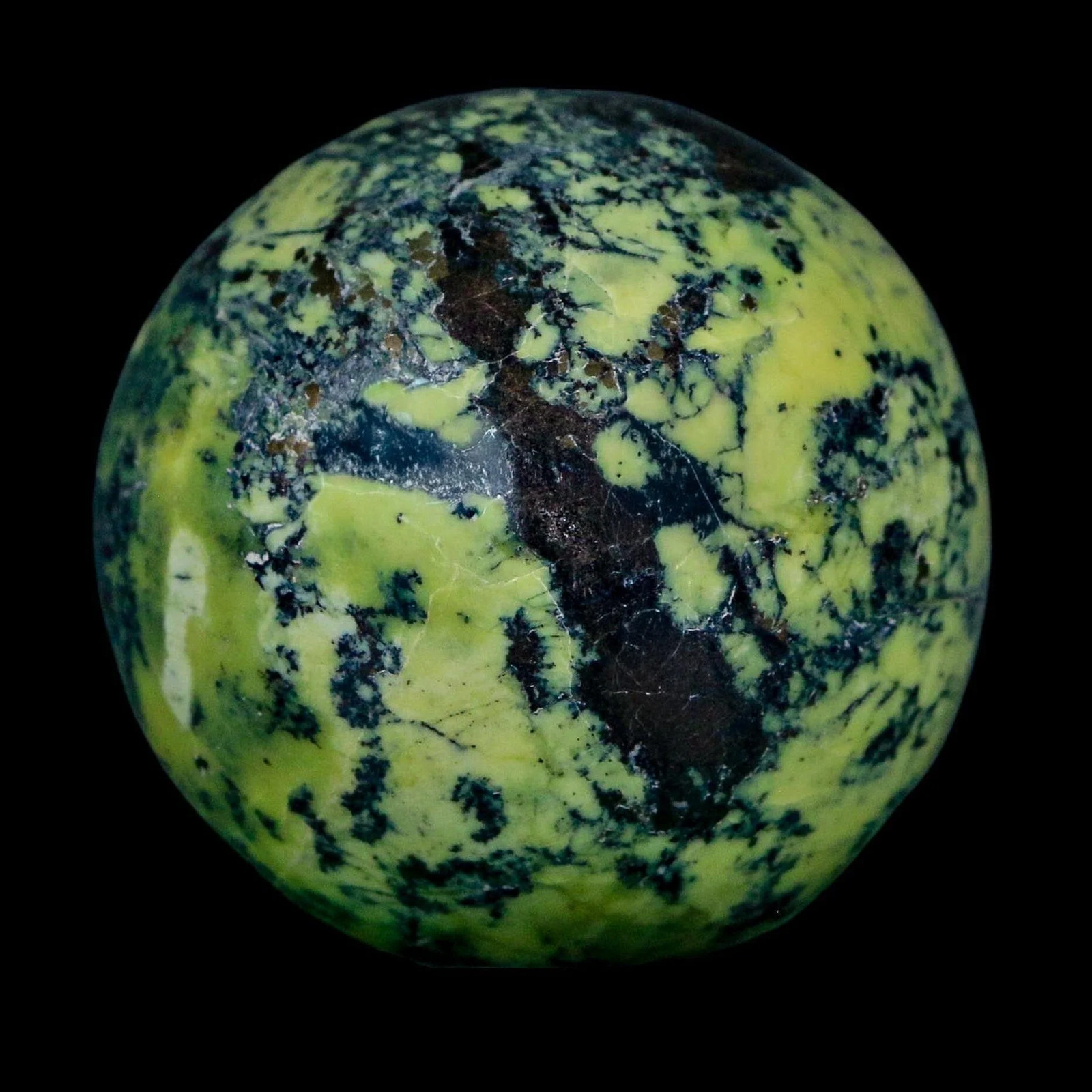 48MM Natural Green & Yellow Serpentine Pyrite Sphere Ball Orb Peru Stand