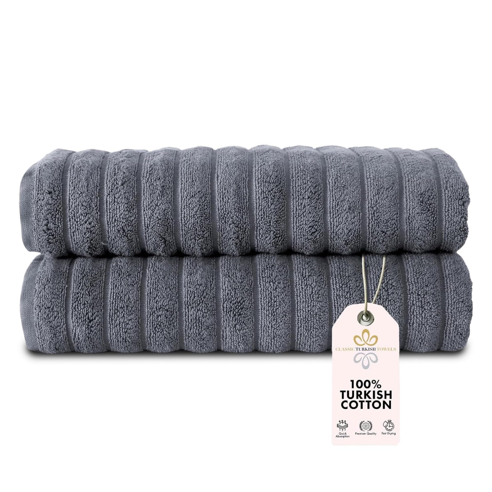 Classic Turkish Towels 2-Pack Bath Towels, 100% Cotton, 27x54 Grey