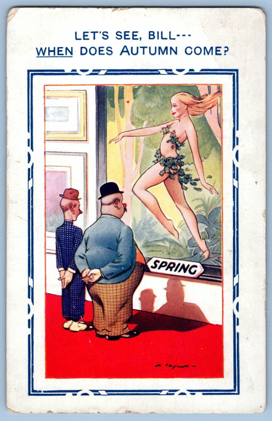 Vintage Comic Postcard Artist Signed A. Taylor Risqué Spring Nymph Humor Art