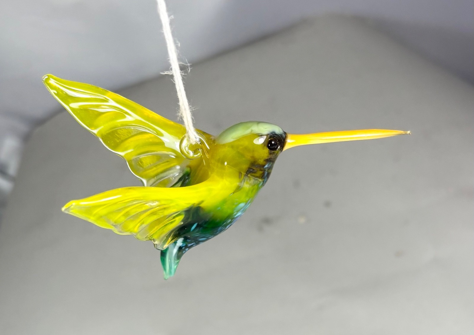 Handmade blown glass bird Hummingbird hanging figurine Yellow ornament art 3.3\