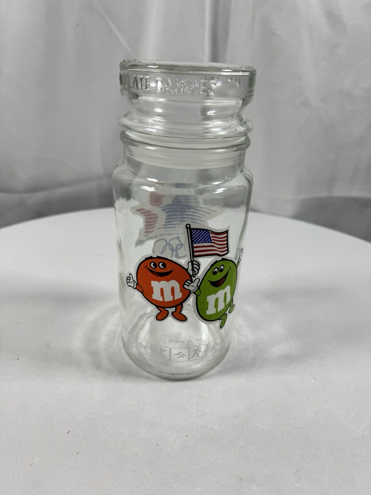 Vintage 1984 Los Angeles Olympics M&M\'s Glass Candy Jar with Lid Mars Inc 1983