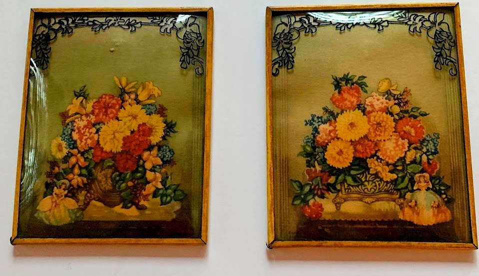 Vtg  30s Metal Framed Floral  Prints Convex Glass Reverse Painting 4 x 5\