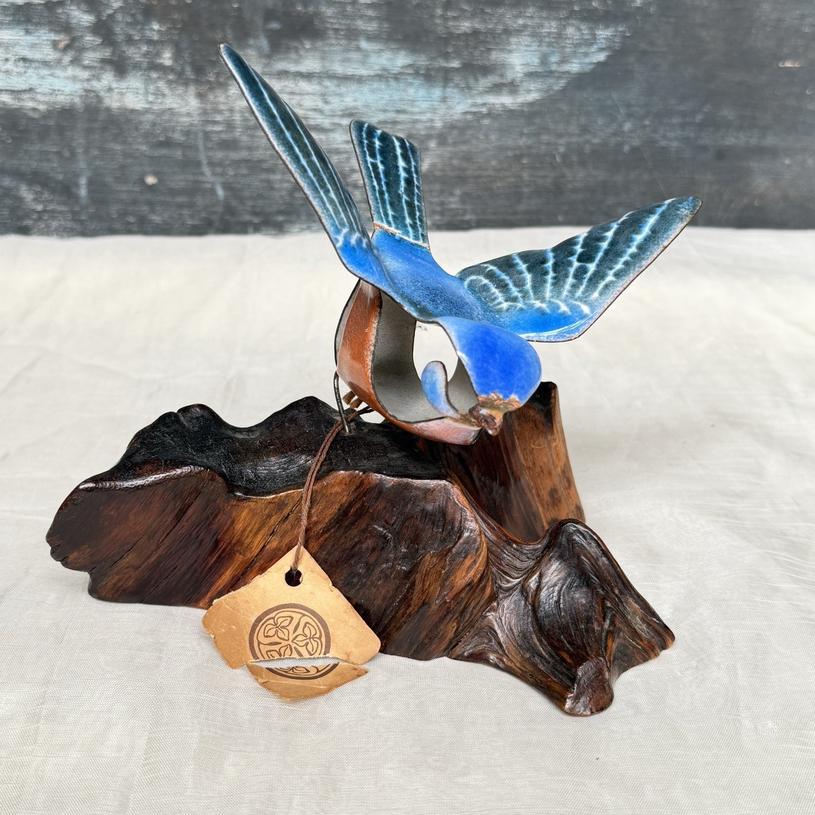 Norman Brumm Enamel On Copper Blue Bird Burl Wood Vintage Metal