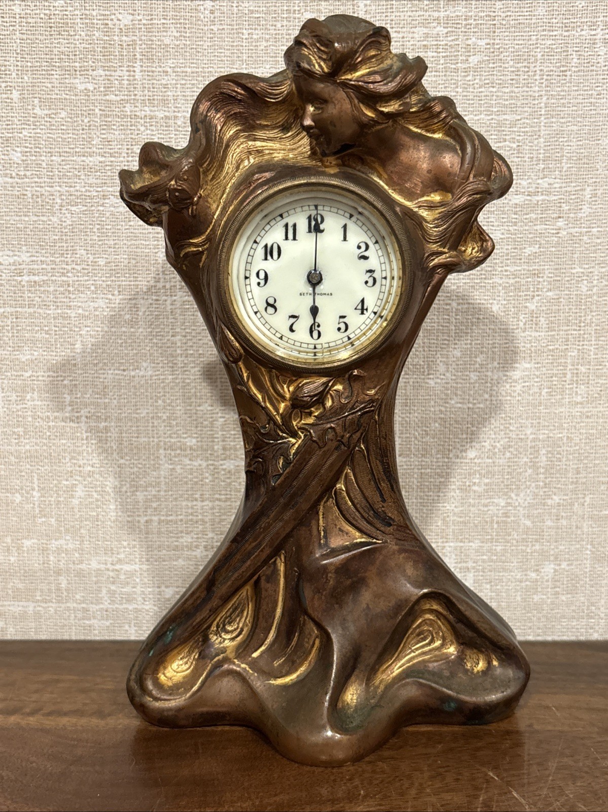 Antique Seth Thomas Figural Art Nouveau Cast Bronze Statue Clock - Running Antique Seth Thomas Figural Art Nouveau Cast Bronze Statue Clock - Running