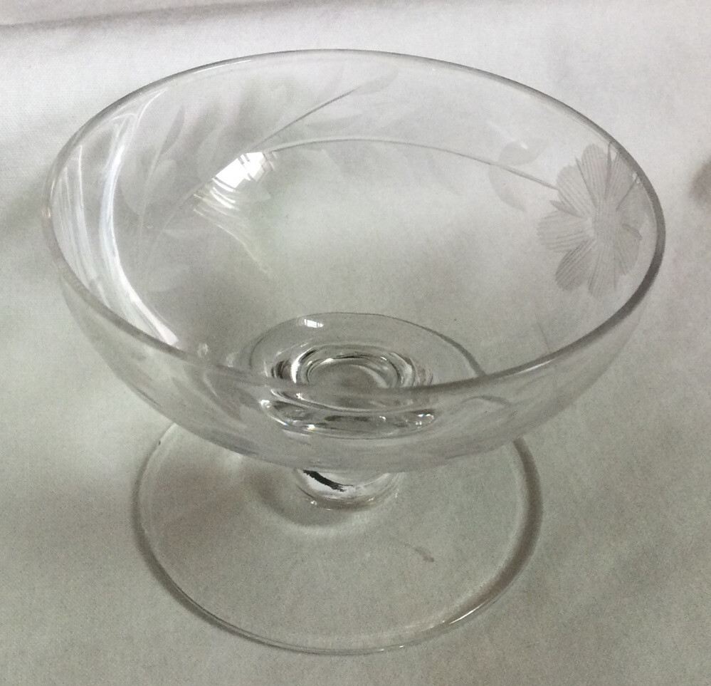 Round Clear Glass Open Salt Cellar on Pedestal w/etched Flowers & Vines - 2 1/2\