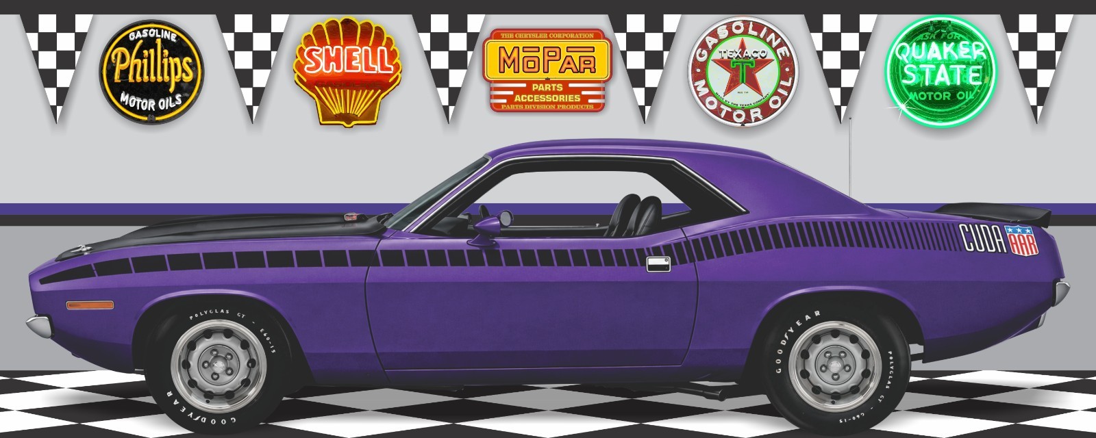 1970 PLYMOUTH AAR CUDA IN-VIOLET PLUM CRAZY CAR GARAGE SCENE BANNER SIGN MURAL