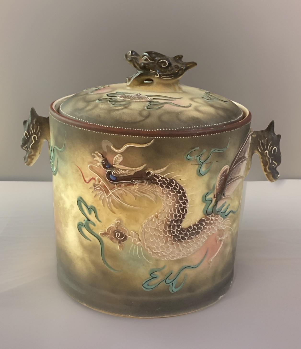 Antique Dragonware Moriage Ice Bucket Lid & Handles HandPainted Porcelain Japan Antique Dragonware Moriage Ice Bucket Lid & Handles HandPainted Porcelain Japan