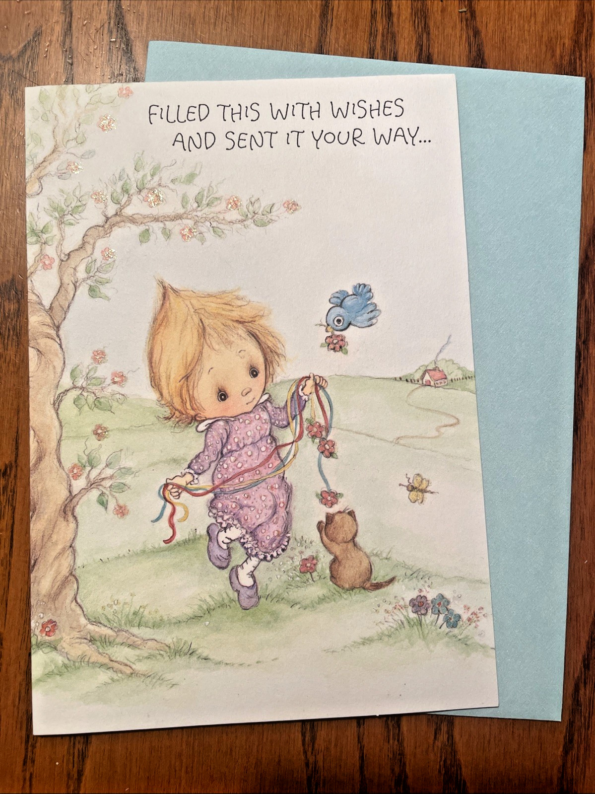 Vintage Greeting Card Betsey Clark Girl bluebird cat Mothers Day 1989 80s UNUSED