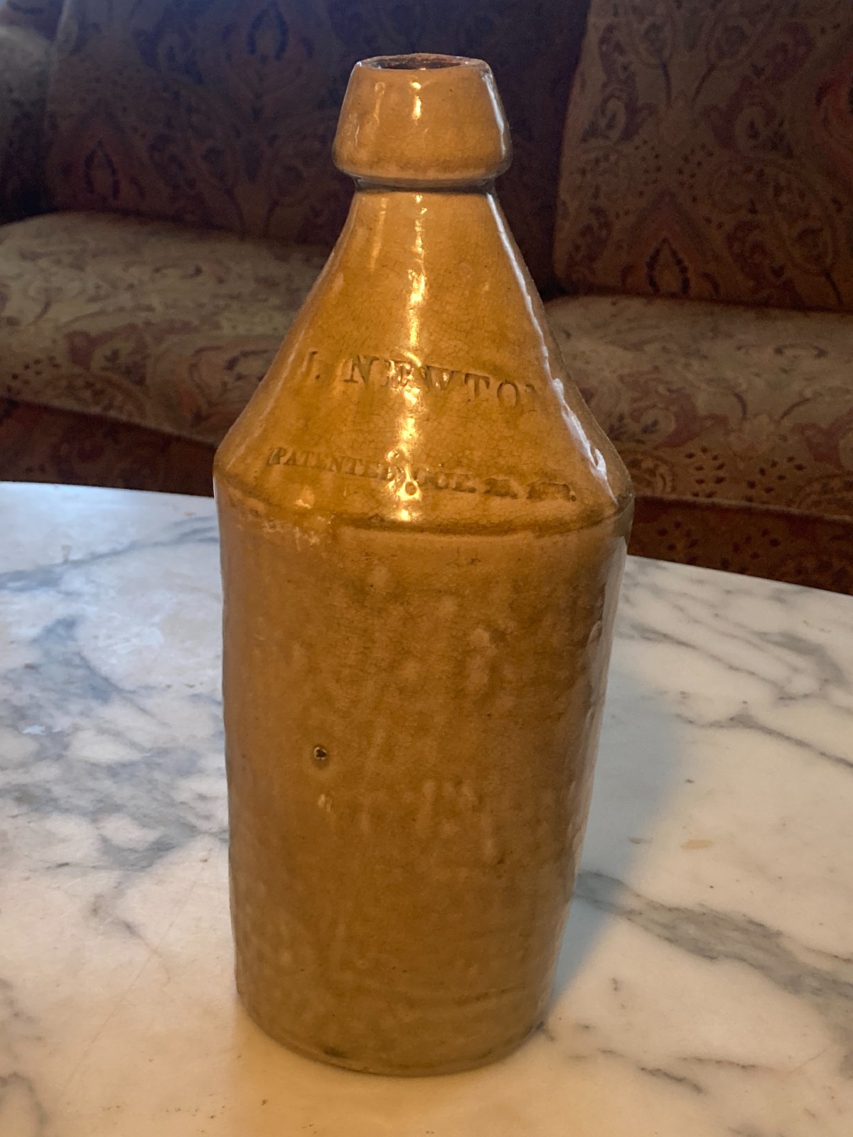 Pat. Oct. 25, 1872 J. Newton Pittsfield, Mass. Salt Glaze Stoneware Beer Bottle Pat. Oct. 25, 1872 J. Newton Pittsfield, Mass. Salt Glaze Stoneware Beer Bottle