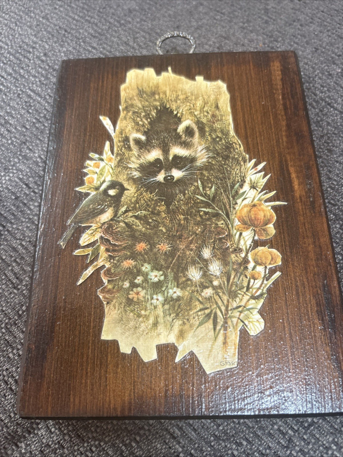Vintage Roadside America Oscoda MI Raccoon In Woods Wall Hanging Plaque