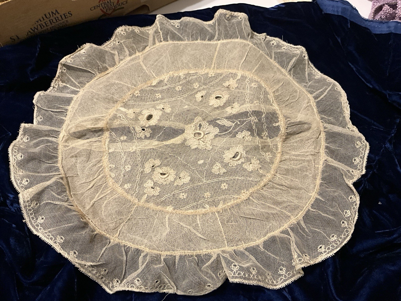 FRENCH Antique Net & Lace Floral Pillow Case Embroidered Round LABEL FRANCE