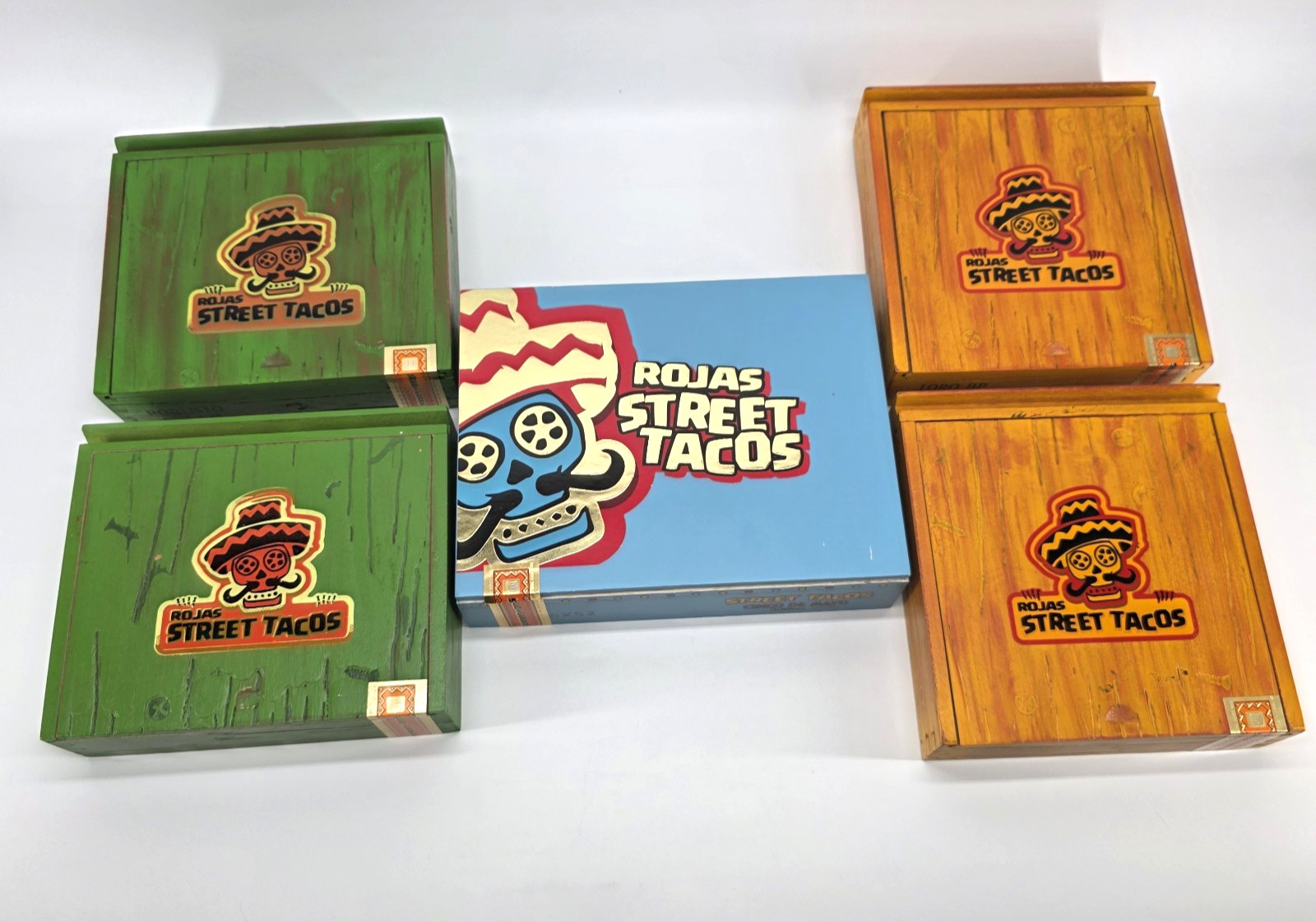 Lot of 5 Empty Rojas Street Tacos Cigar Box Wood Green Orange Blue Cinco de Mayo