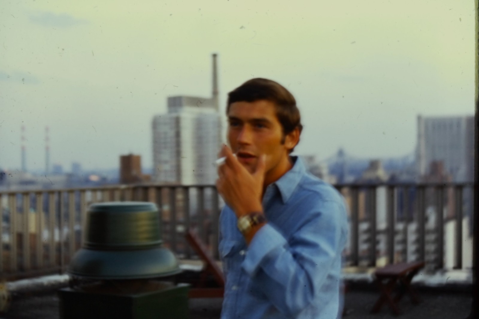 c1970's Kodachrome 35mm Slide, Man Smoking Rooftop, City Skyline Portrait blue