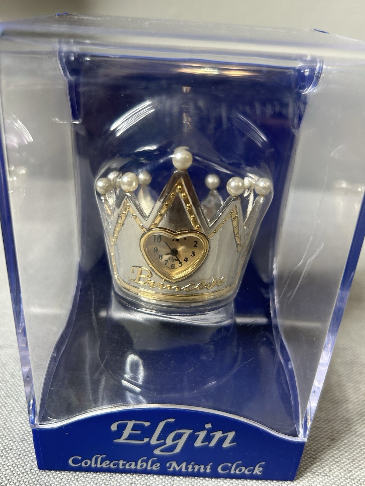 Vintage Elgin Princess Crown Collectible Mini Clock  Silver and Gold Tone In Box