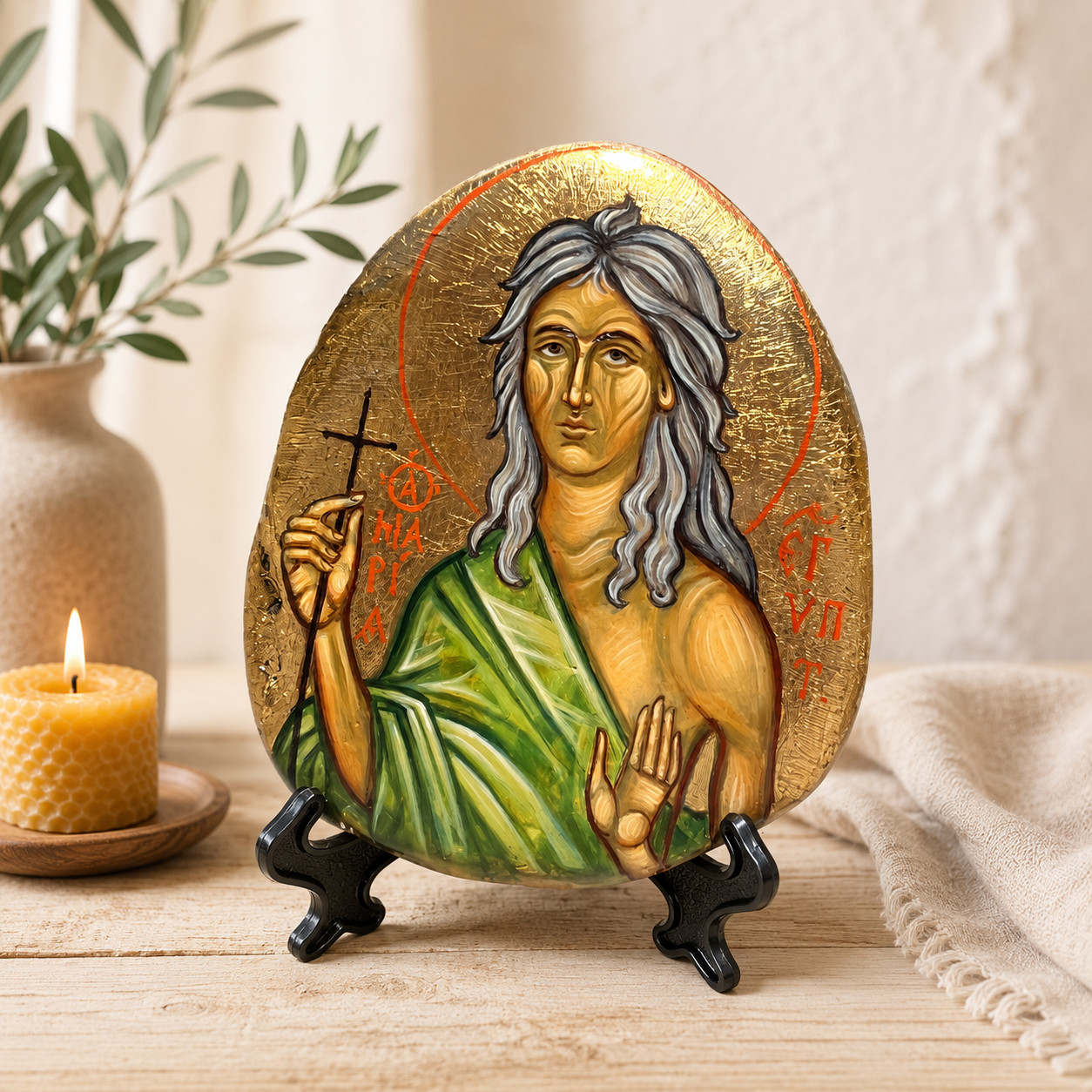 Saint Mary of Egypt Sea Stone Icon | Orthodox Hand-Painted Icon | 24 K Gold