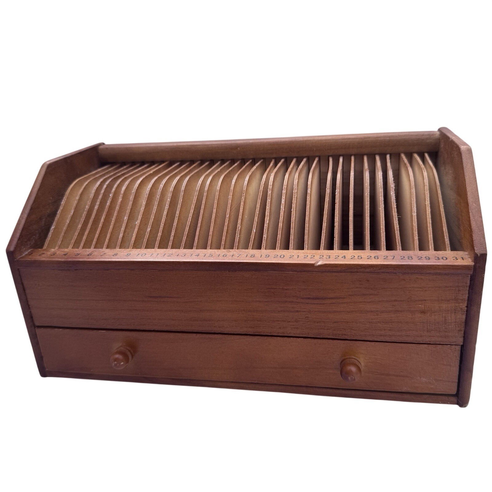 VTG 60s Organizer Wooden Month 31 Daily Slots w Drawer Office Mail Bills Seeds
