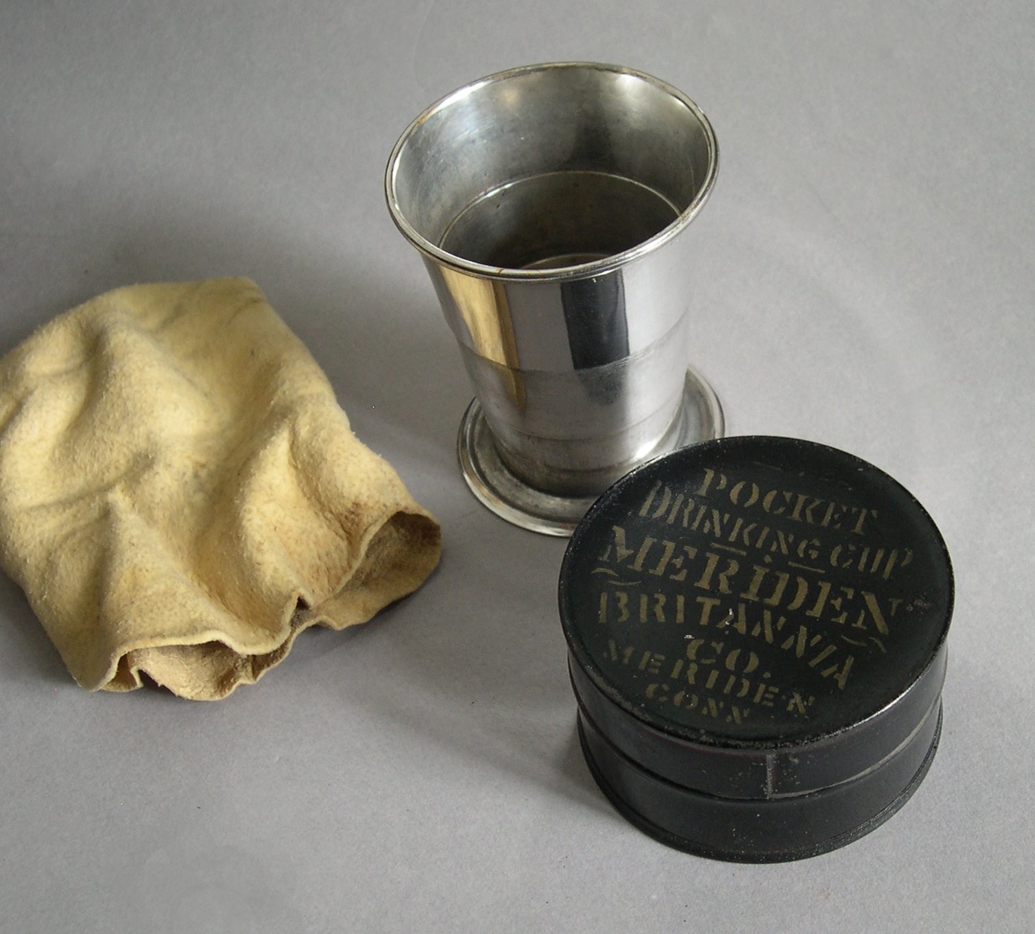 Antique Pocket Drinking Collapsible Cup, Tin & Pouch ~ Meriden Britannia Co.