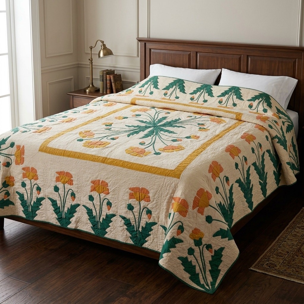 Vintage Traditional Appliqued Marie Webster Poppy Quilt 212x182cm