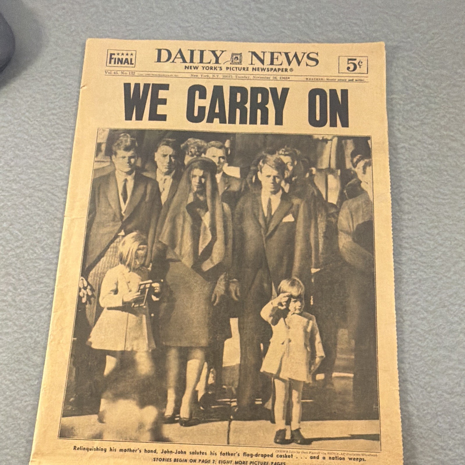 Vintage Nov 26, 1963 NY Daily News “We Carry On” JFK Jr Famous Salute Complete Vintage Nov 26, 1963 NY Daily News “We Carry On” JFK Jr Famous Salute Complete