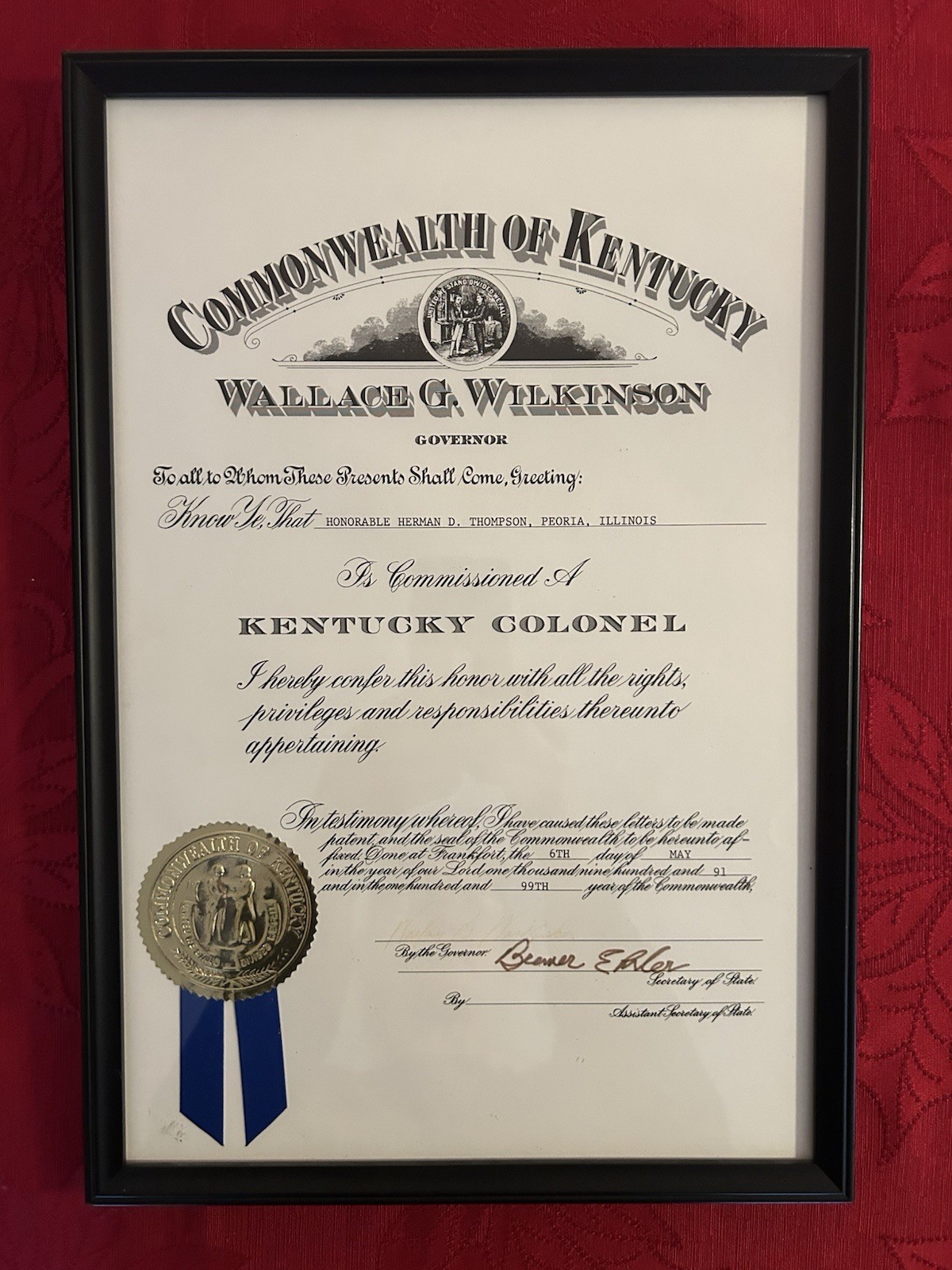1991 COMMONWEALTH OF KENTUCKY COMMISSION of a KENTUCKY COLONEL, Framed 1991 COMMONWEALTH OF KENTUCKY COMMISSION of a KENTUCKY COLONEL, Framed