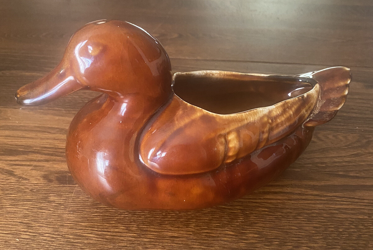 Vintage Ceramic Brown Drip Glaze Pottery Duck Planter