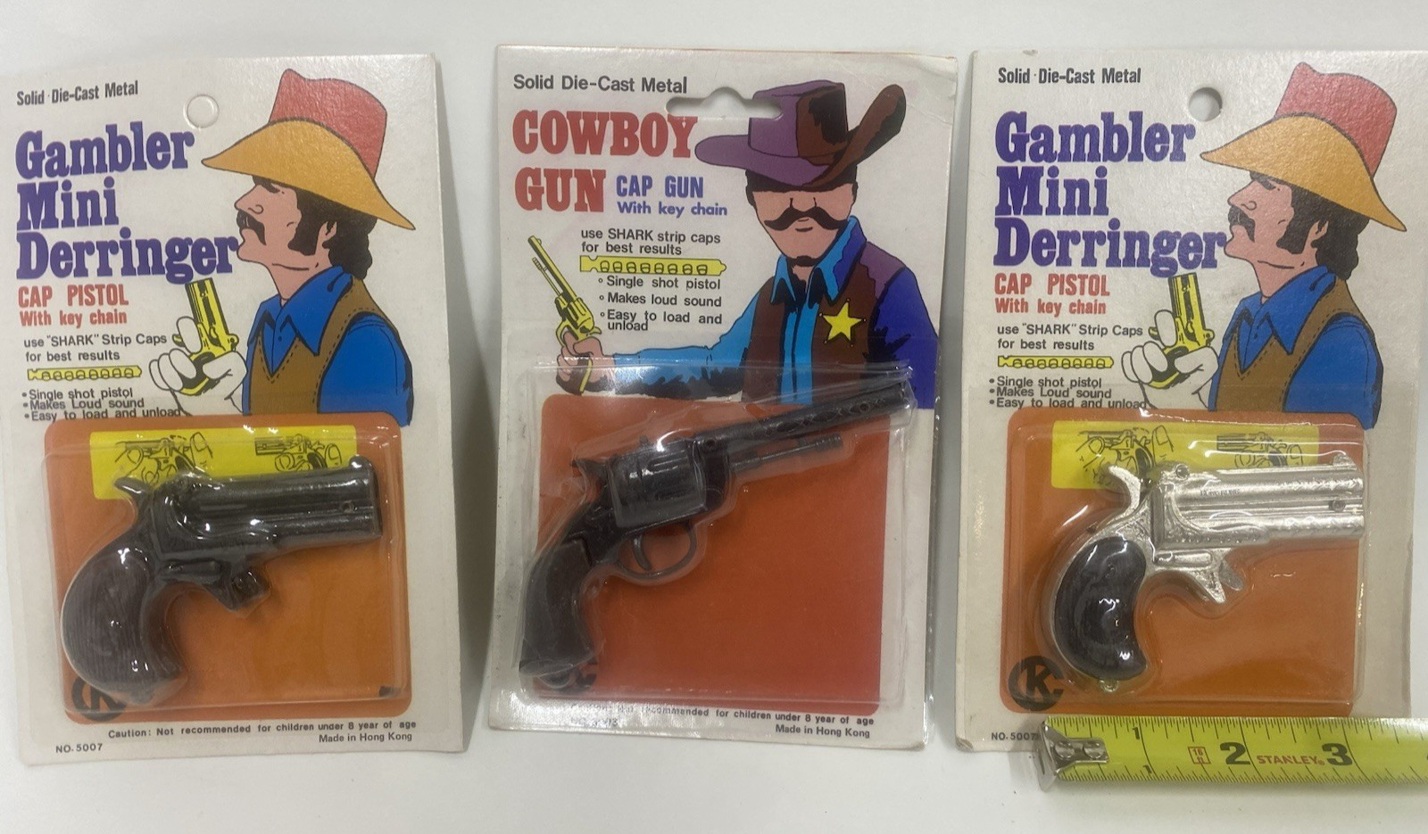 3 Pieces  Miniature  Western Die-cast Metal  Cap Guns 2 Deringers  1 Cowboy Gun