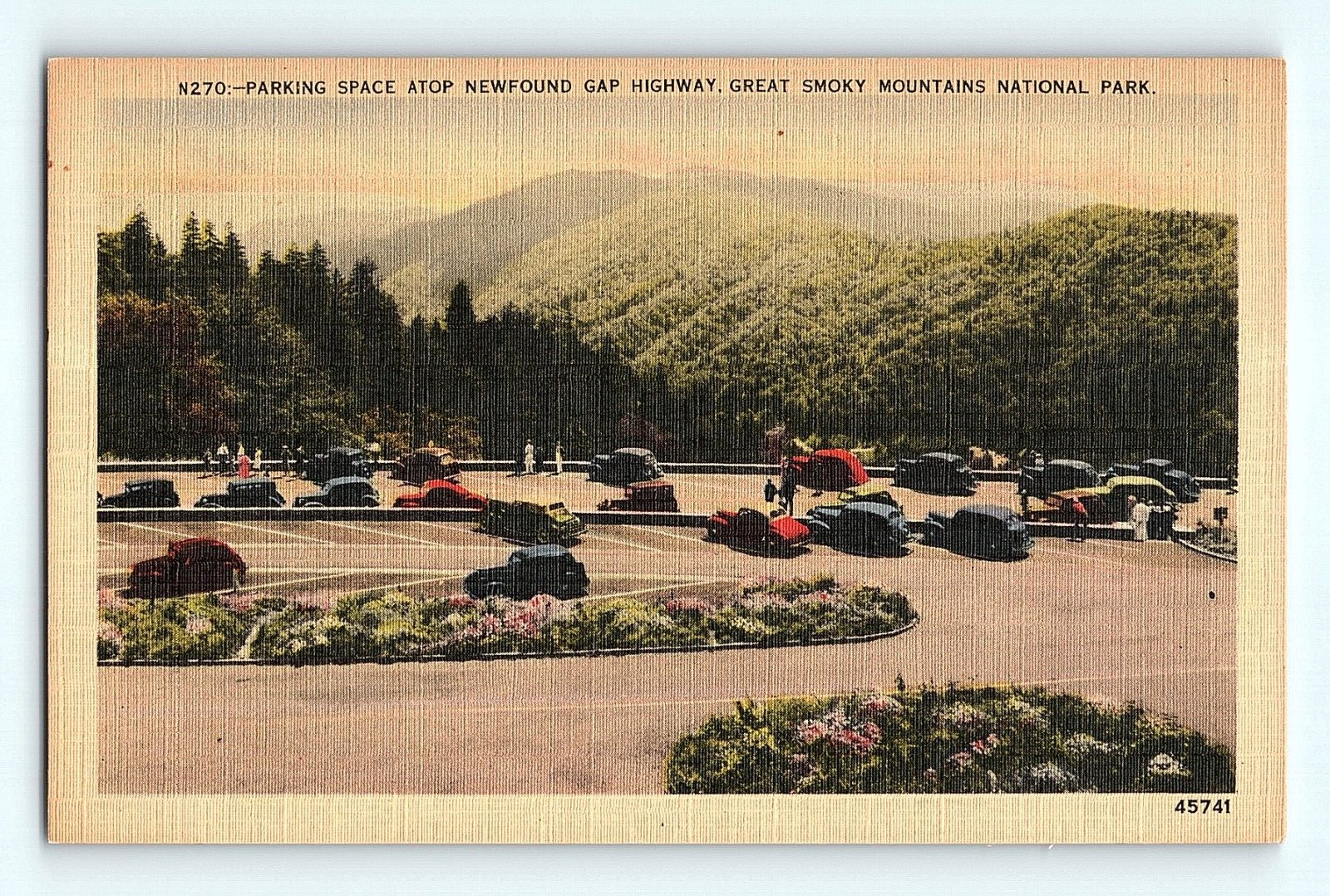 c1940s Smokey Mountains National PArk Parking Space Atop HWY Linen Postcard G6 c1940s Smokey Mountains National PArk Parking Space Atop HWY Linen Postcard G6