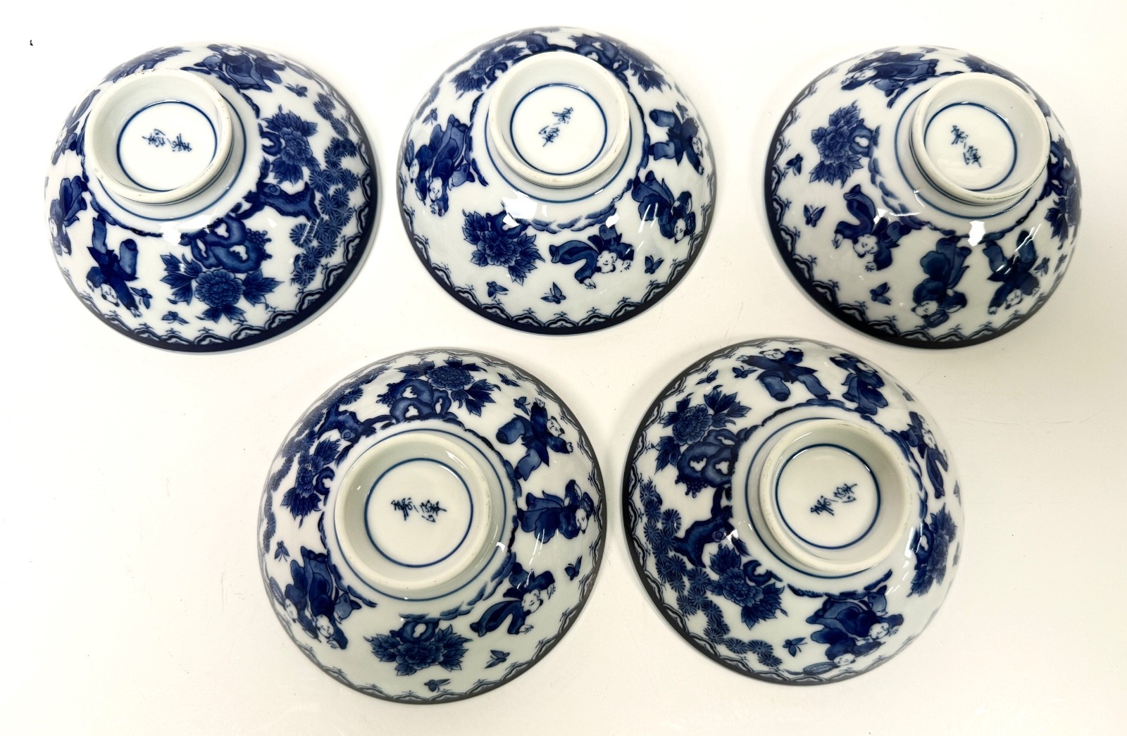 5 Arita Japanese Porcelain Blue White Rice Bowls 5 Boys Playing