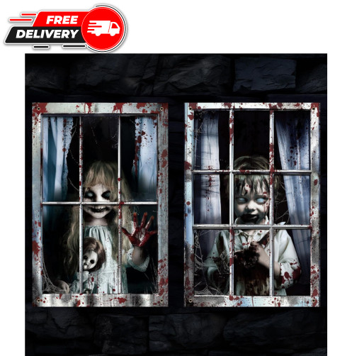 2 Pcs Halloween Boy and Girl Scary Curtains, Black and White, 47.2 x 31.5 Inches