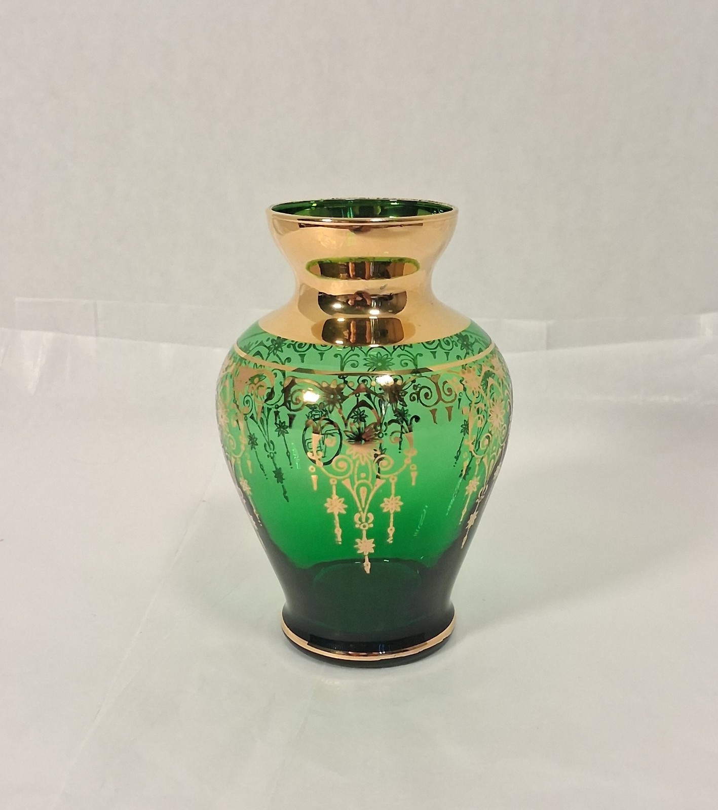 Vtg Vecchia Murano 24k Gold Gilt Emerald Green Hand-Blown Glass Bud Vase Italy