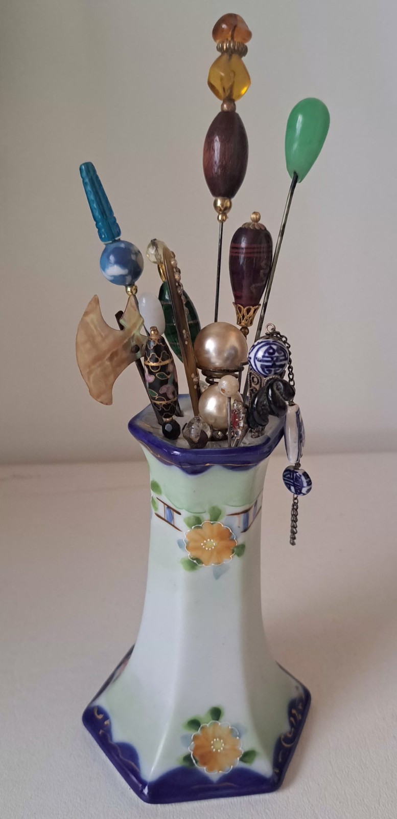 Lot Of 15 Antique Hatpins Jade Glass Lucite Porcelain Cloisonné 
