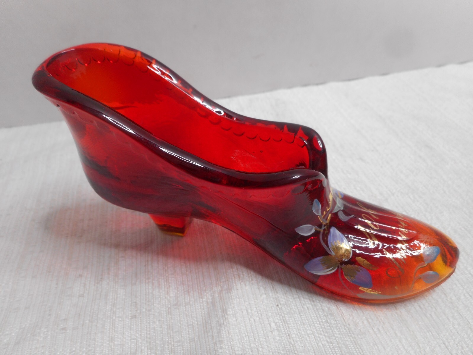 Fenton Glass Hand Painted S Miller 40th Anniversary Shoe Slipper Amberina Floral