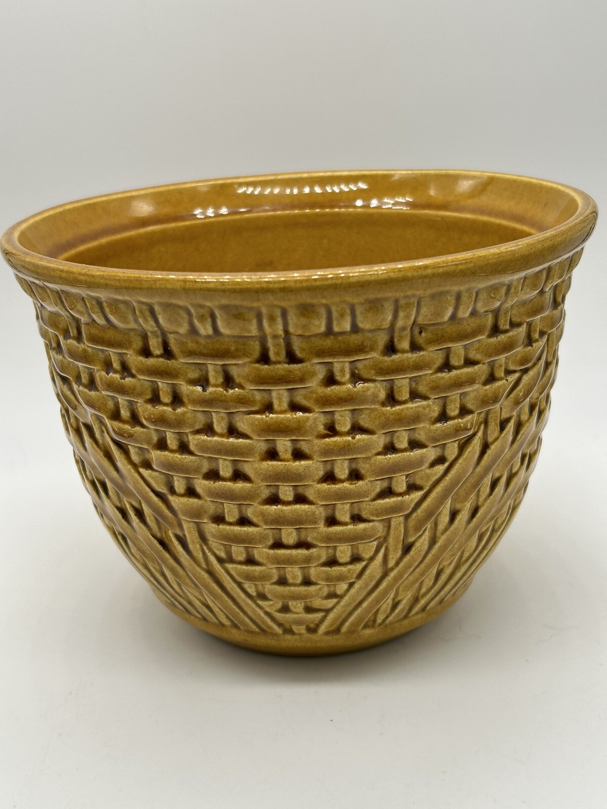 Vintage MCM Haeger Pottery Burnt Umber/ Tiki Basketweave Planter Flower Pot 5054
