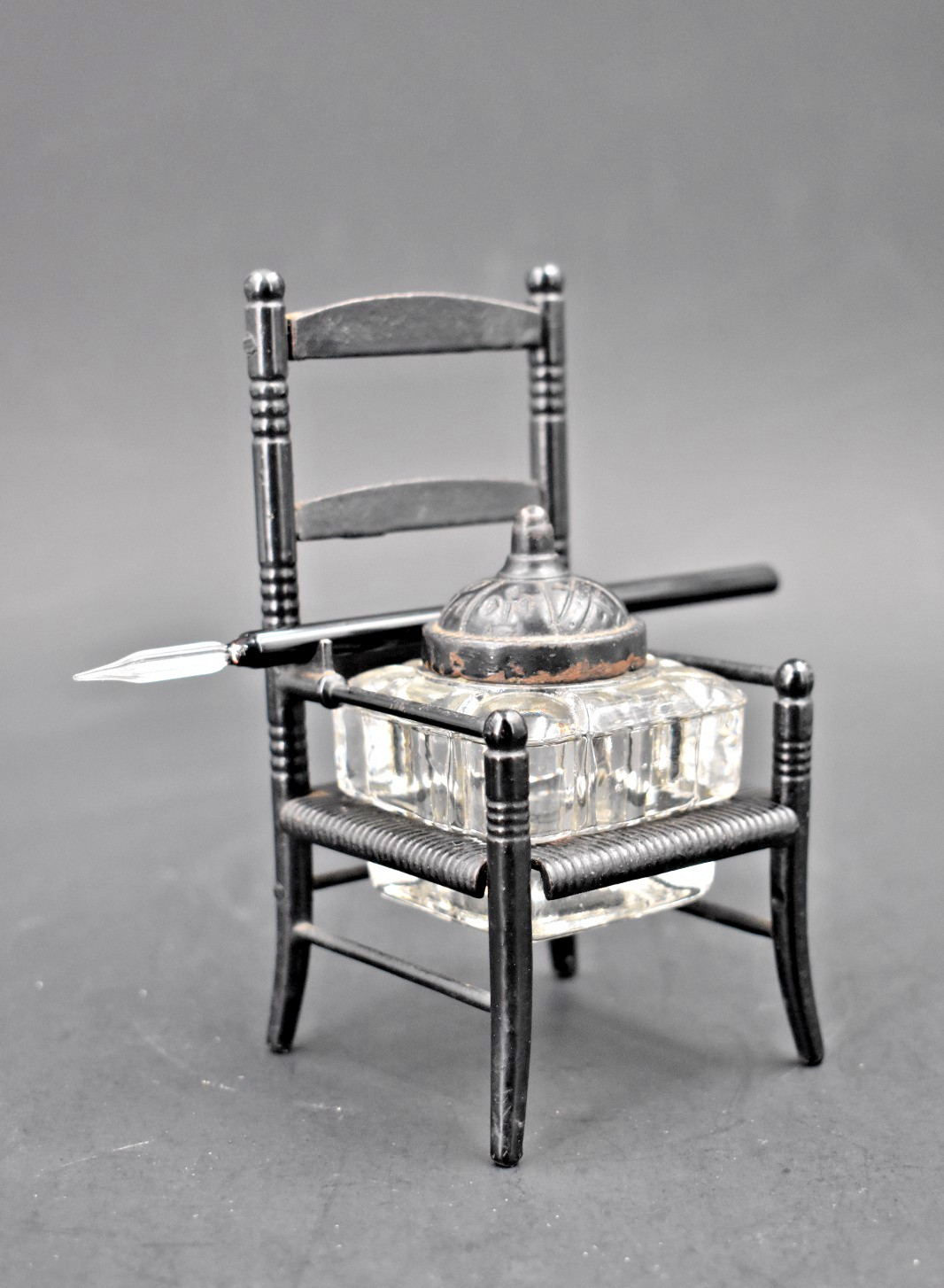 Antique Miniature Armchair Desk Inkwell Set Metal Ladderback Glass Insert Antique Miniature Armchair Desk Inkwell Set Metal Ladderback Glass Insert