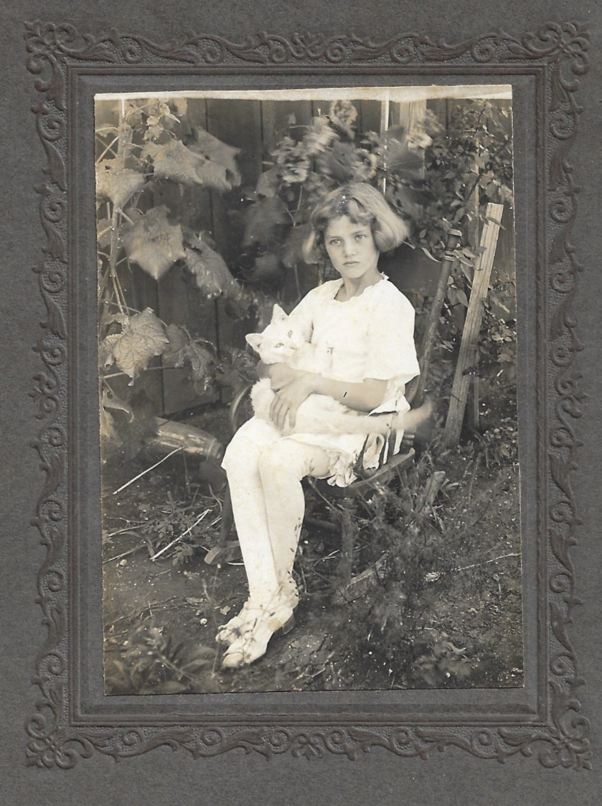 Little Girl Holding White Cat Antique Mounted Photo