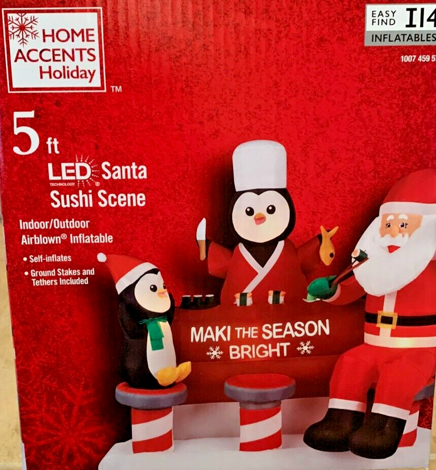 NEW 5 FT TALL CHRISTMAS SANTA CLAUS PENGUIN SUSHI SCENE INFLATABLE BY GEMMY